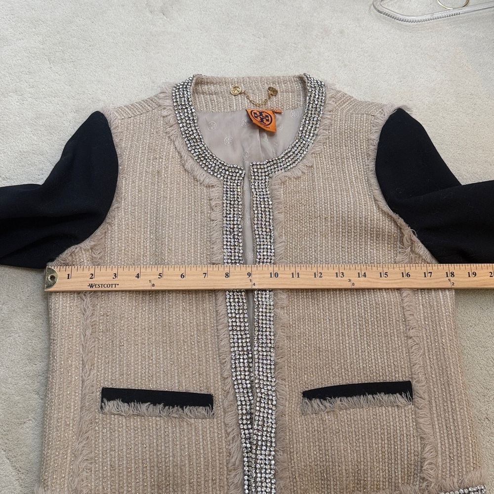 Tory Burch Sairy Bling Wool Tweed Jacket Black Tan Rhinestones Crystals Size 8 - Picture 10 of 12